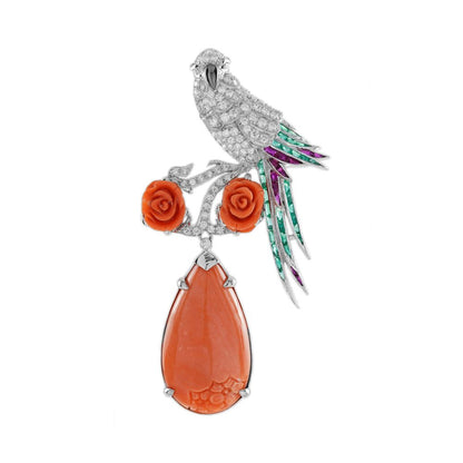 Diamond Bird Brooch with Carved Coral Pendant with Emeralds and Rubies