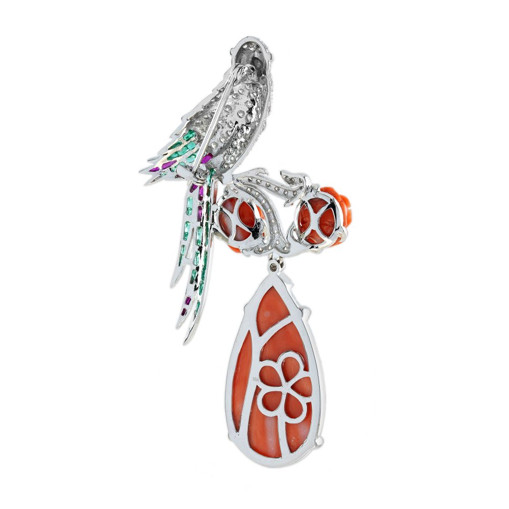 Diamond Bird Brooch with Carved Coral Pendant with Emeralds and Rubies