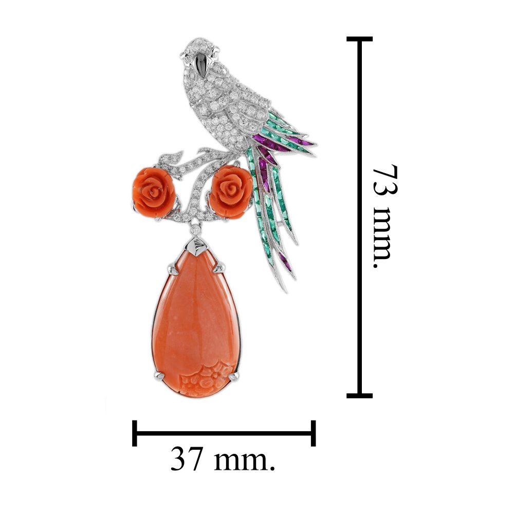 Diamond Bird Brooch with Carved Coral Pendant with Emeralds and Rubies