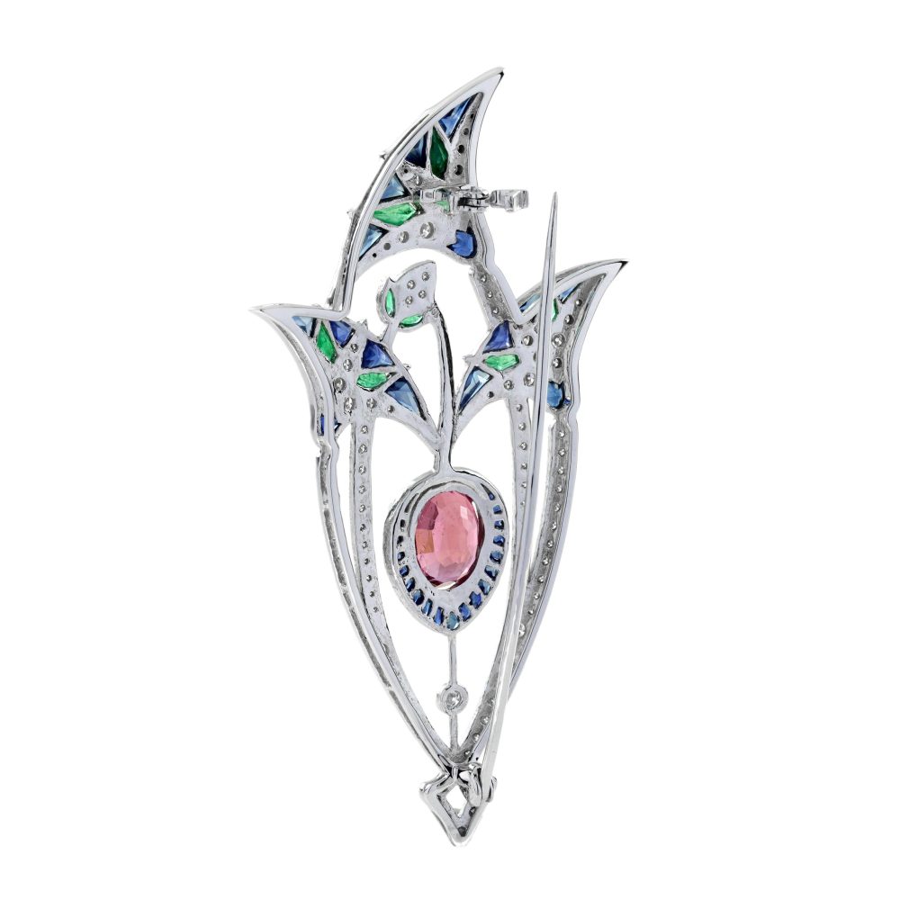 3.35ct Pink Tourmaline Sapphire Emerald and Diamond Brooch depicting a central pink lotus flower bud under its leaves in 18ct white gold