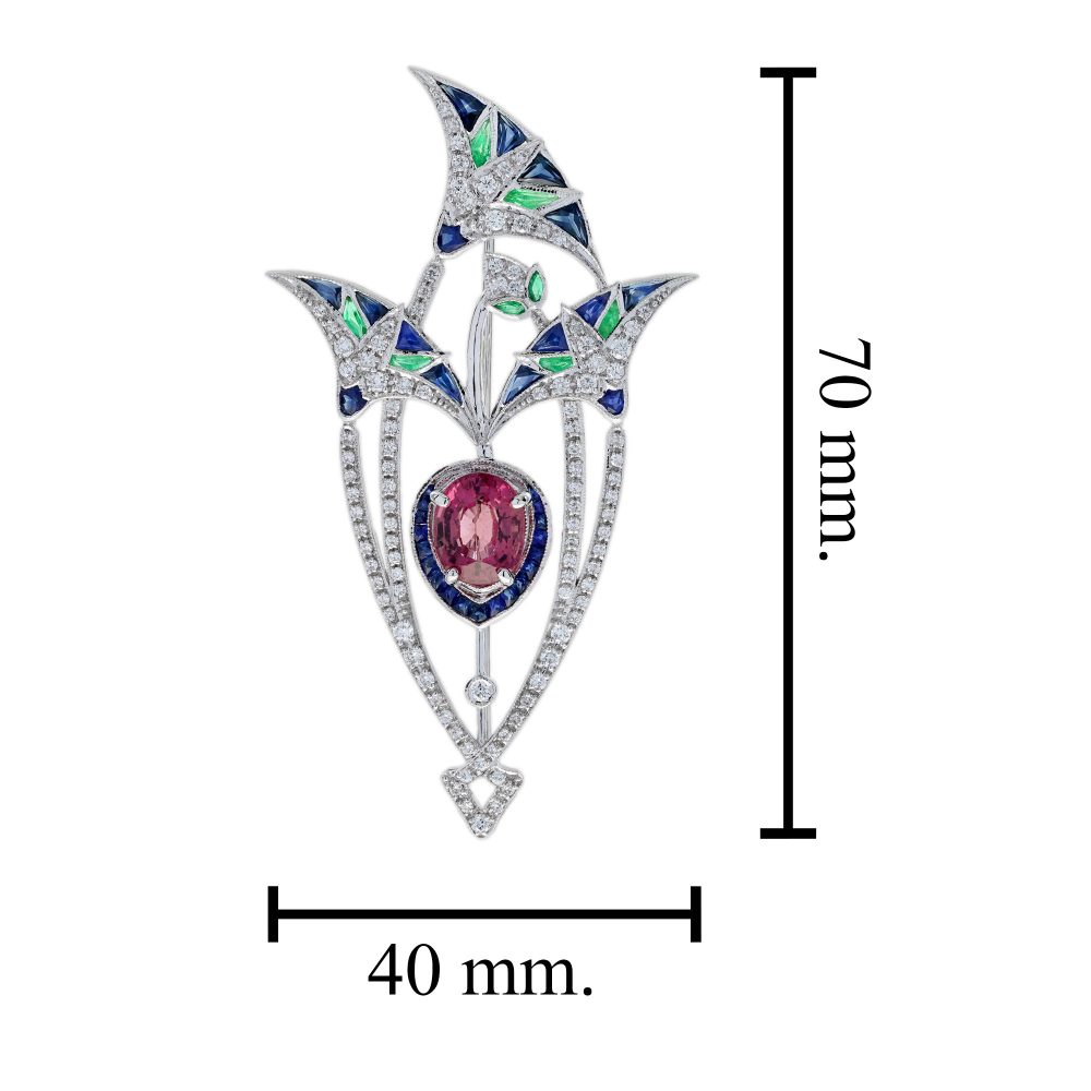 3.35ct Pink Tourmaline Sapphire Emerald and Diamond Brooch depicting a central pink lotus flower bud under its leave in 18ct white gold