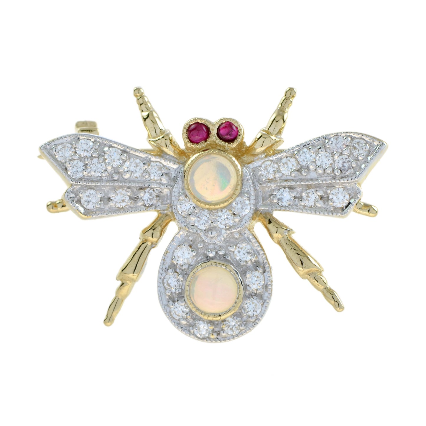 Opal and Diamond Bee Brooch with Ruby Eyes in 14ct Gold