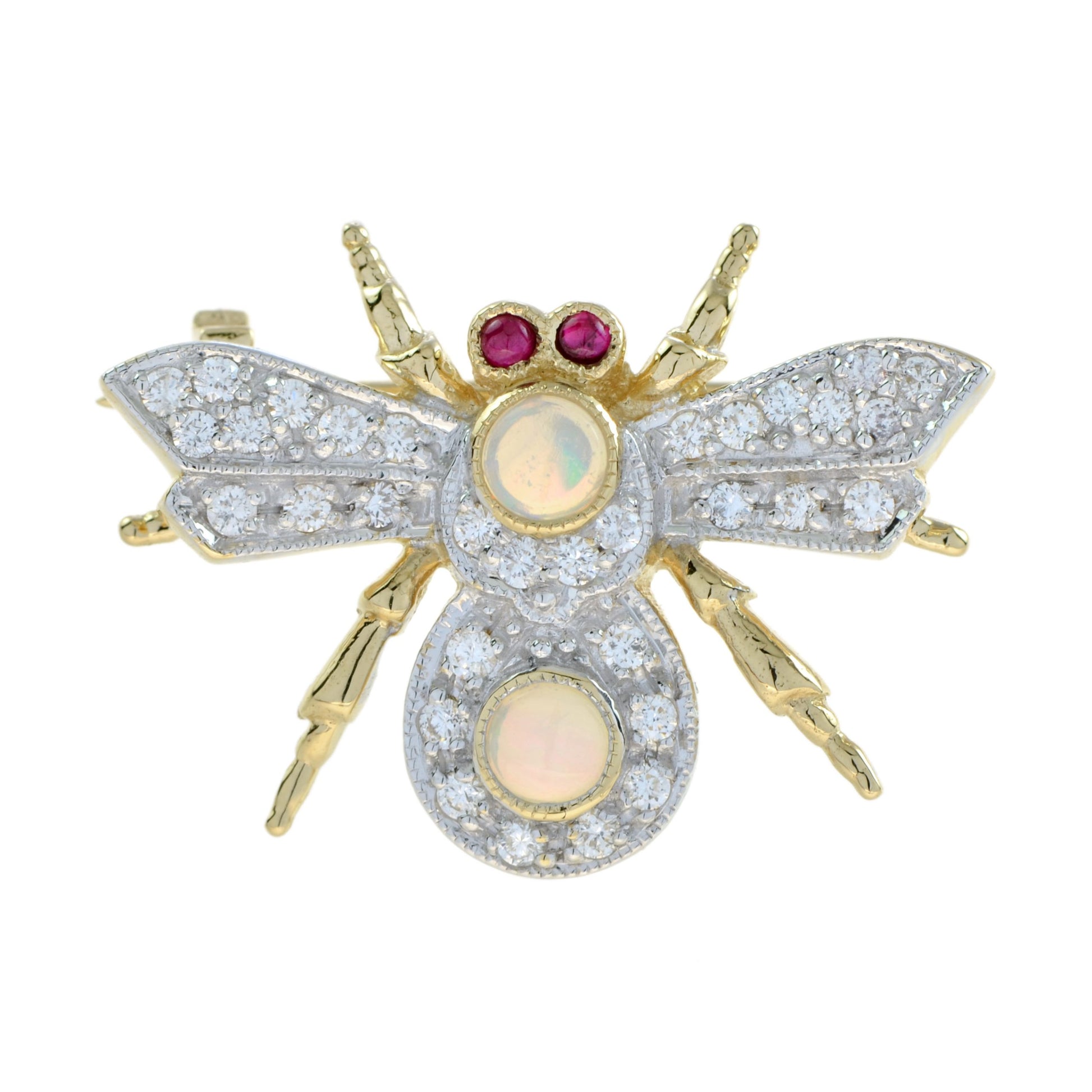 Opal and Diamond Bee Brooch with Ruby Eyes in 14ct Gold
