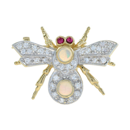 Opal and Diamond Bee Brooch with Ruby Eyes in 14ct Gold