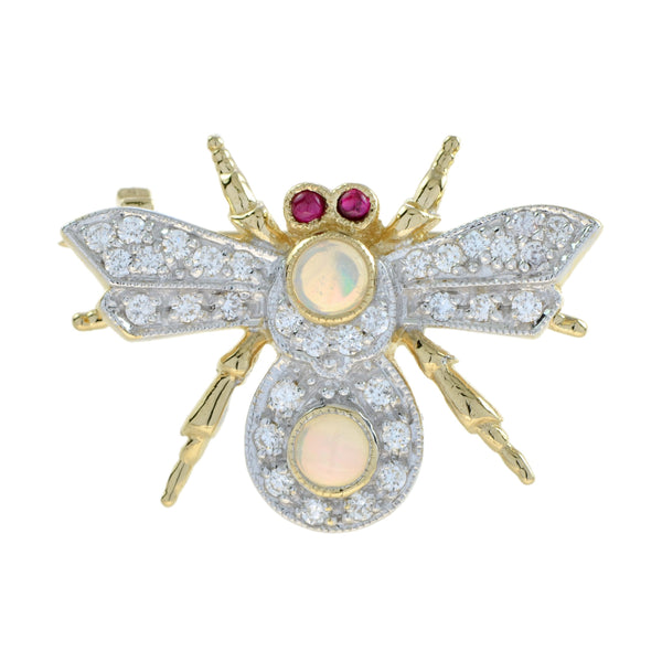 Opal and Diamond Bee Brooch with Ruby Eyes in 14ct Gold
