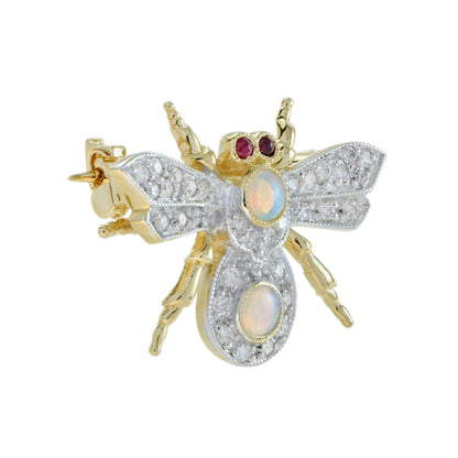 Opal and Diamond Bee Brooch with Ruby Eyes in 14ct Gold