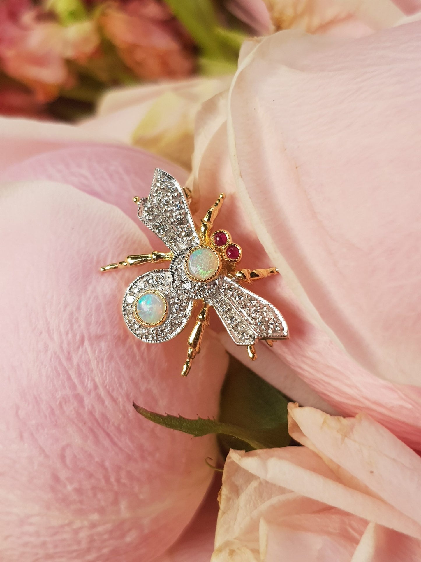 Opal and Diamond Bee Brooch with Ruby Eyes in 14ct Gold