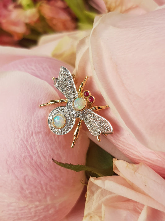 Opal and Diamond Bee Brooch with Ruby Eyes in 14ct Gold
