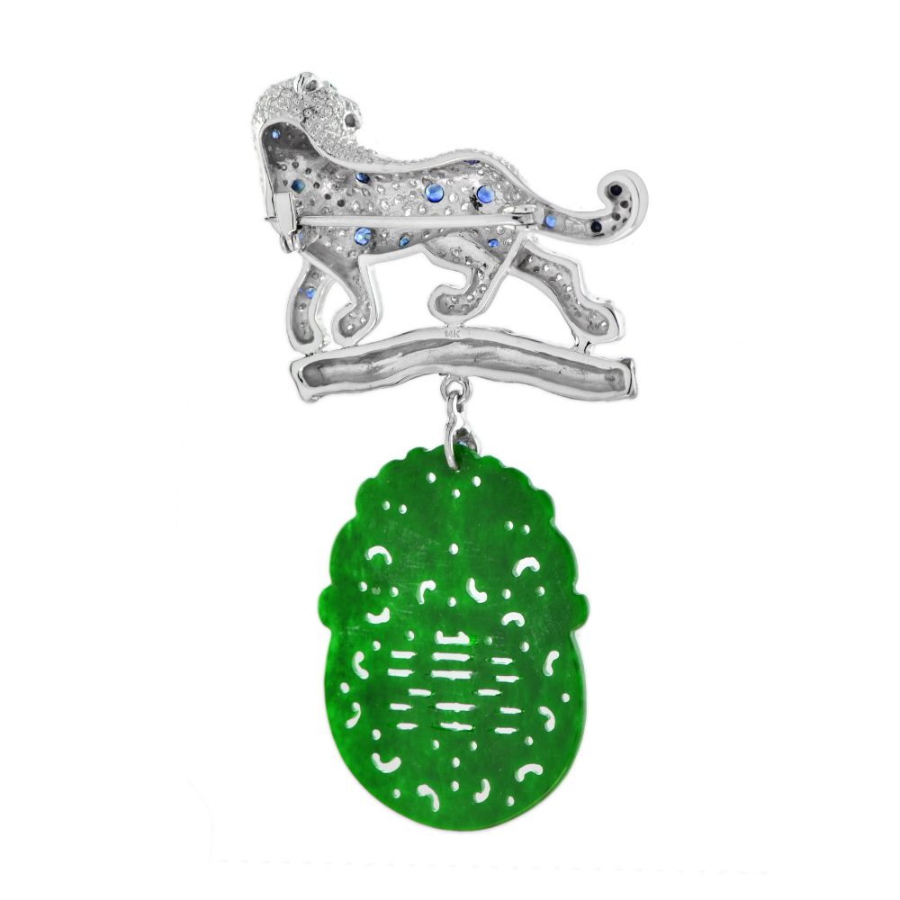 Contemporary Carved Jadeite Jade and Diamond Panther Brooch