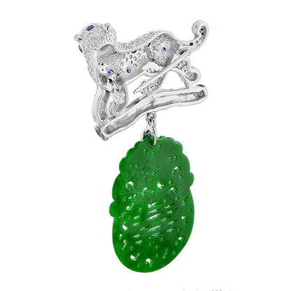 Contemporary Carved Jadeite Jade and Diamond Panther Brooch