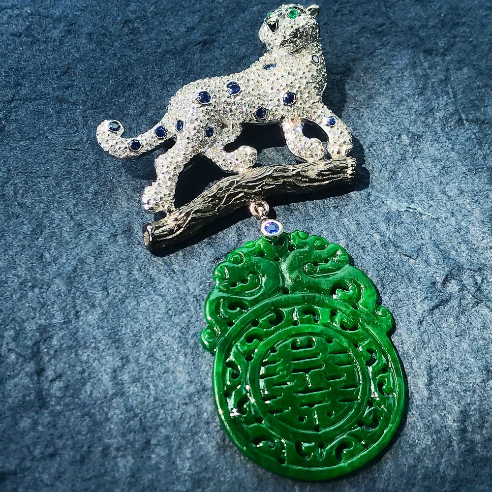 Contemporary Carved Jadeite Jade and Diamond Panther Brooch