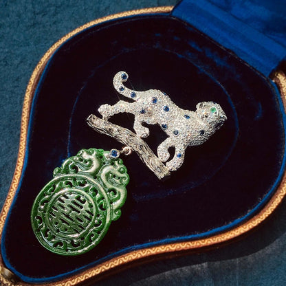 Contemporary Carved Jadeite Jade and Diamond Panther Brooch