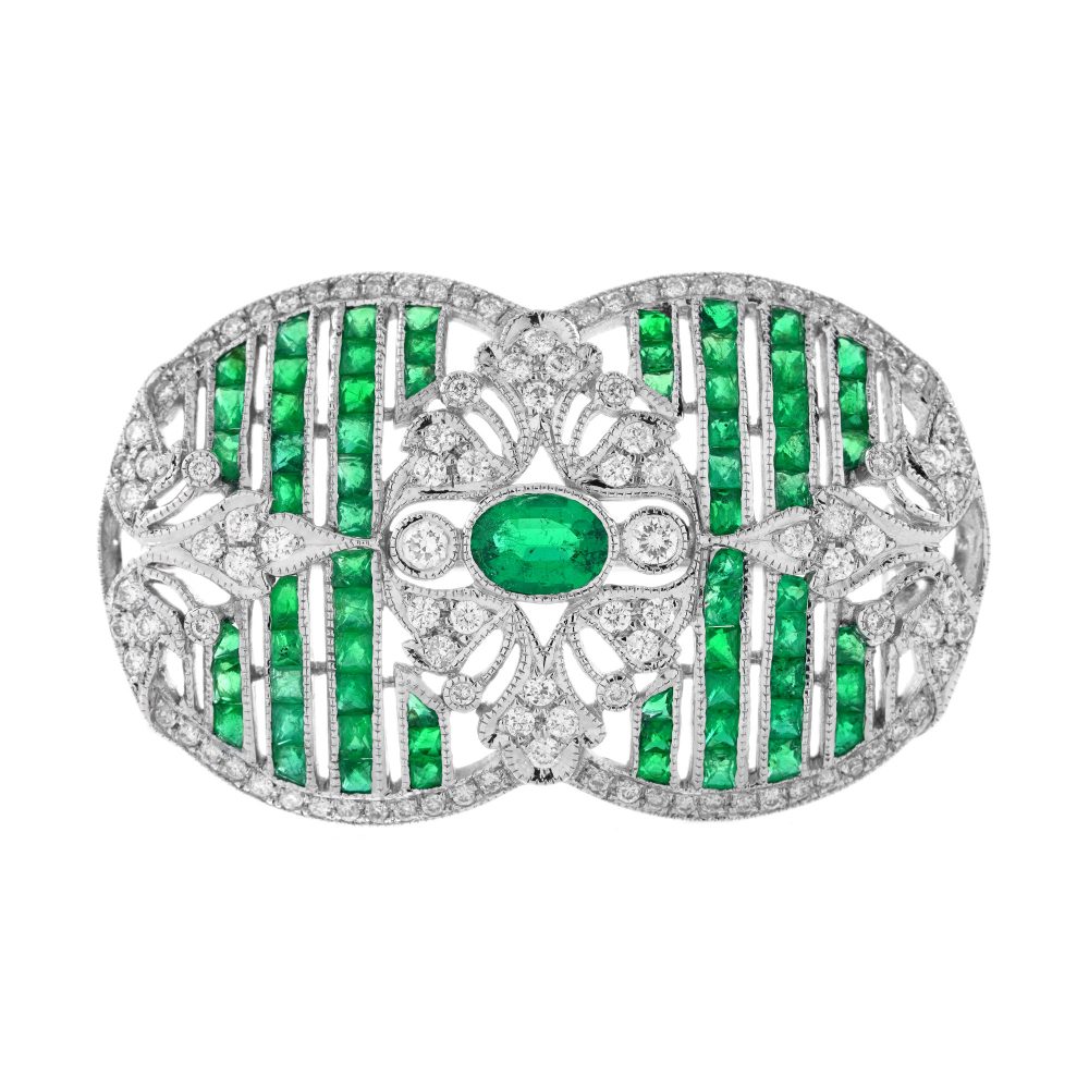 Art Deco Style Emerald and Diamond Brooch in 18ct White Gold