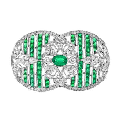 Art Deco Style Emerald and Diamond Brooch in 18ct White Gold