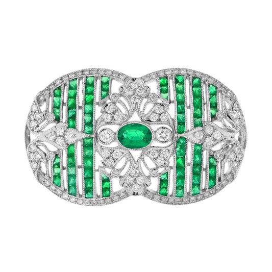 Art Deco Style Emerald and Diamond Brooch in 18ct White Gold