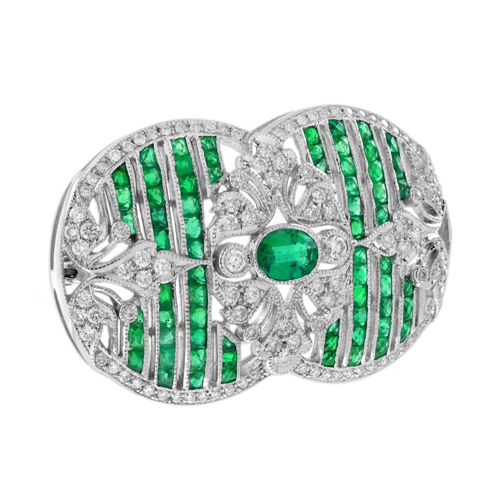 Art Deco Style Emerald and Diamond Brooch in 18ct White Gold
