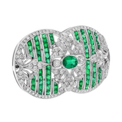 Art Deco Style Emerald and Diamond Brooch in 18ct White Gold