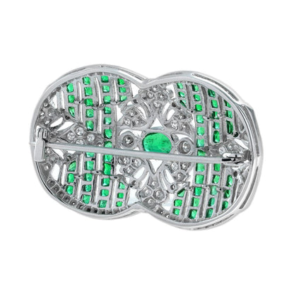 Art Deco Style Emerald and Diamond Brooch in 18ct White Gold
