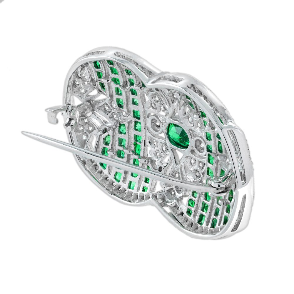 Art Deco Style Emerald and Diamond Brooch in 18ct White Gold