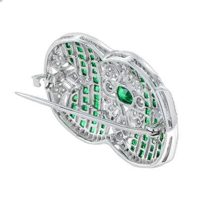 Art Deco Style Emerald and Diamond Brooch in 18ct White Gold