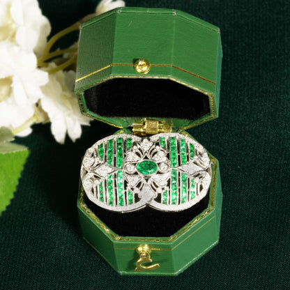 Art Deco Style Emerald and Diamond Brooch in 18ct White Gold