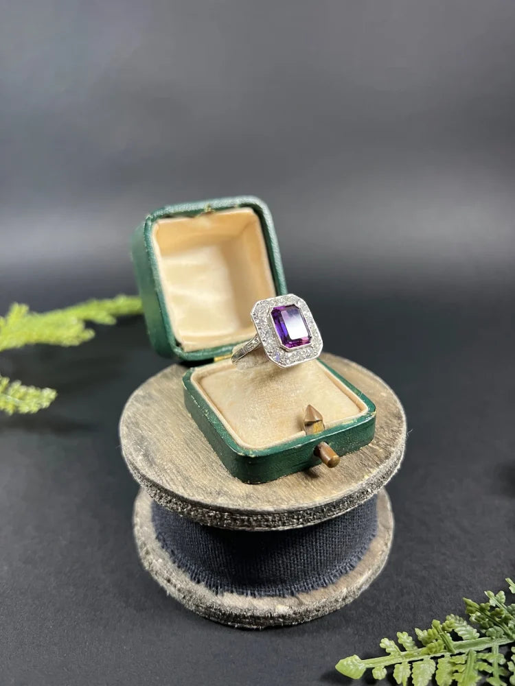 Antique Art Deco Amethyst and Diamond Rectangular Cluster Engagement Ring