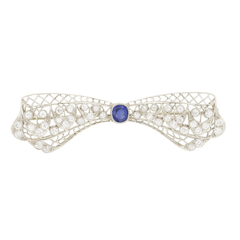 Antique Art Deco 3.4ct Old Cut Diamond and Sapphire Bow Brooch