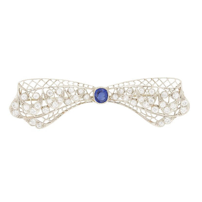 Antique Art Deco 3.4ct Old Cut Diamond and Sapphire Bow Brooch