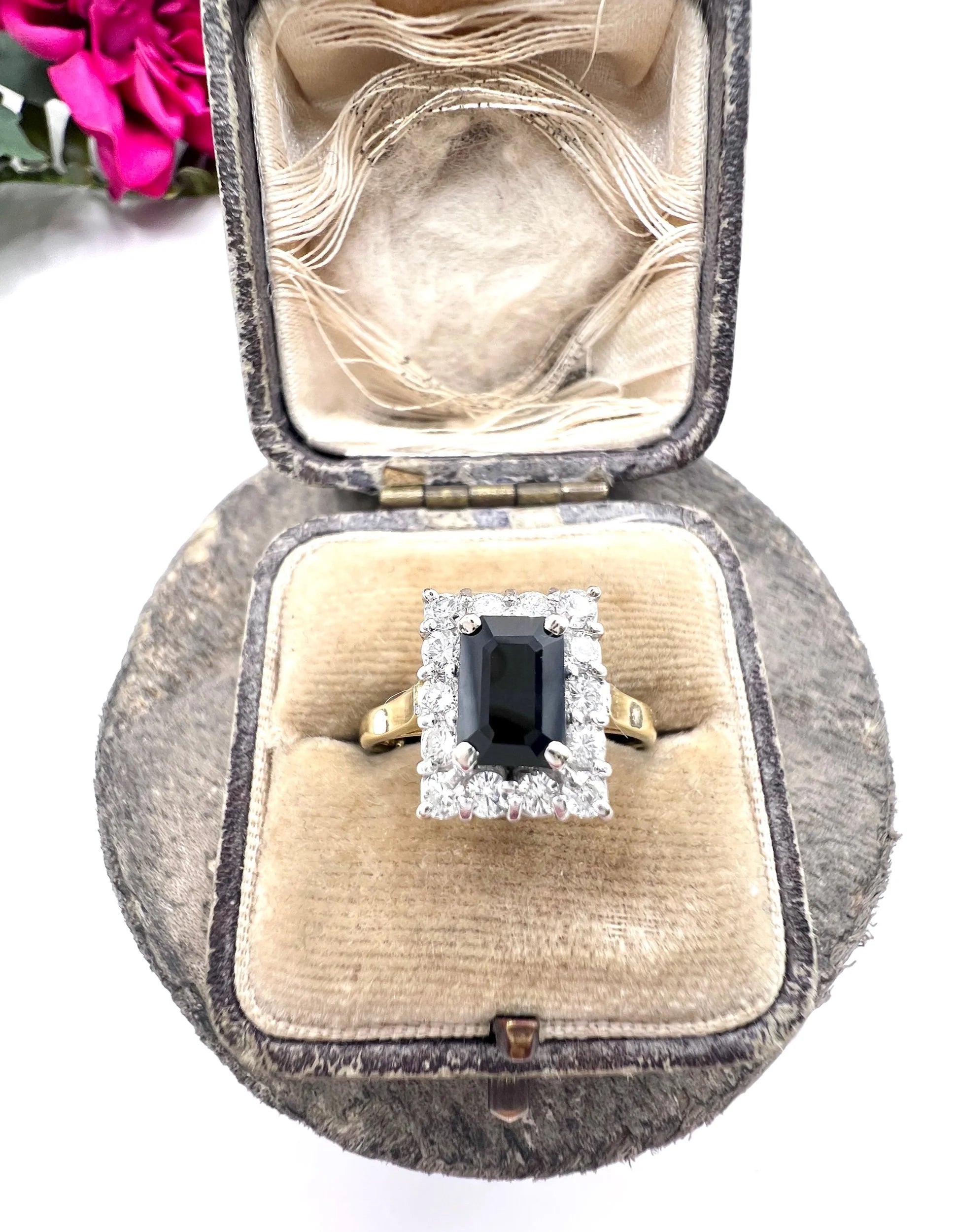 Vintage 18 Carat Gold Sapphire and Diamond Rectangular Cluster Ring, Birmingham 1989