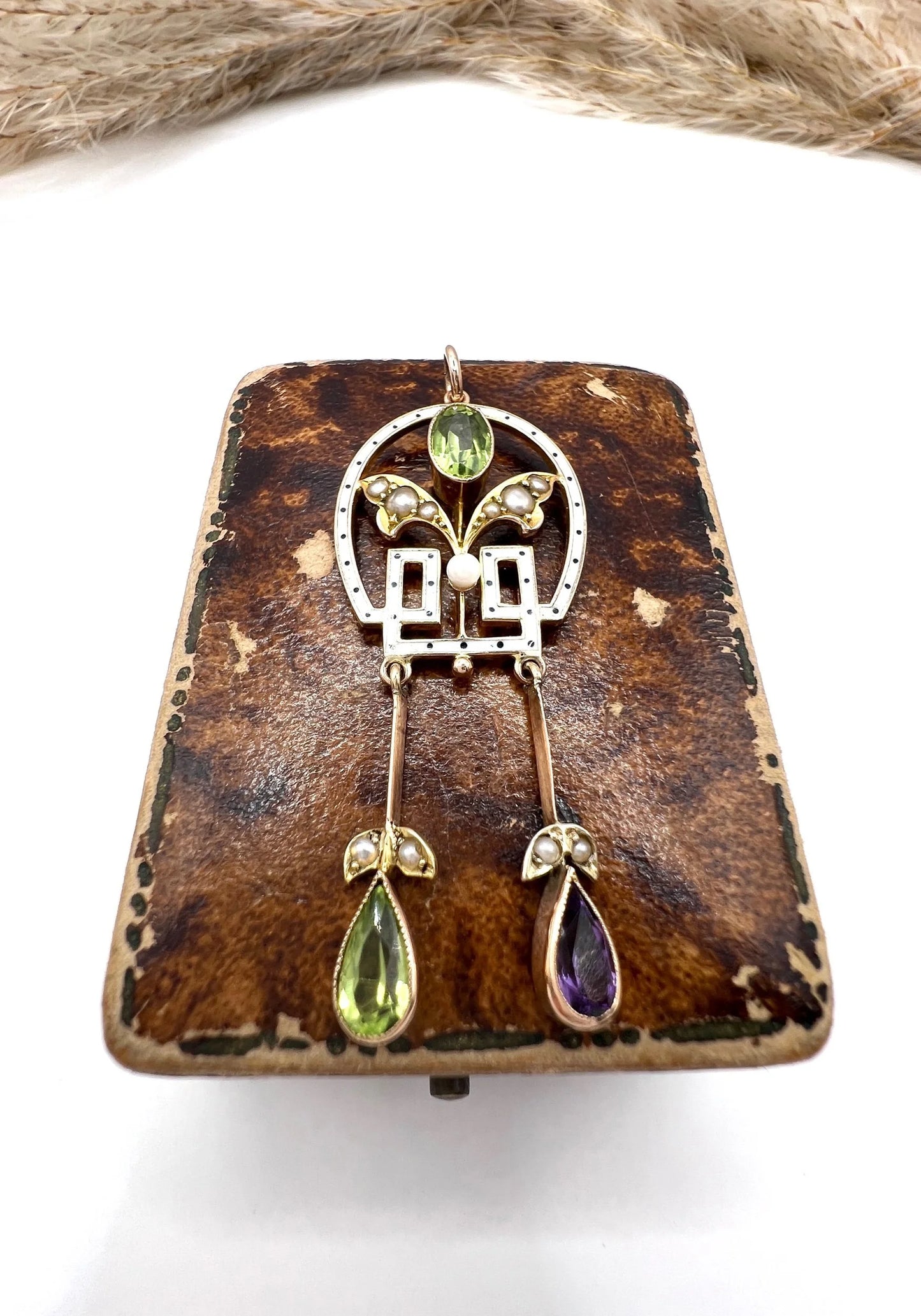 Antique 9 ct Gold, Edwardian Amethyst, Peridot, Seed Pearl And Enamel Suffragette Pendant