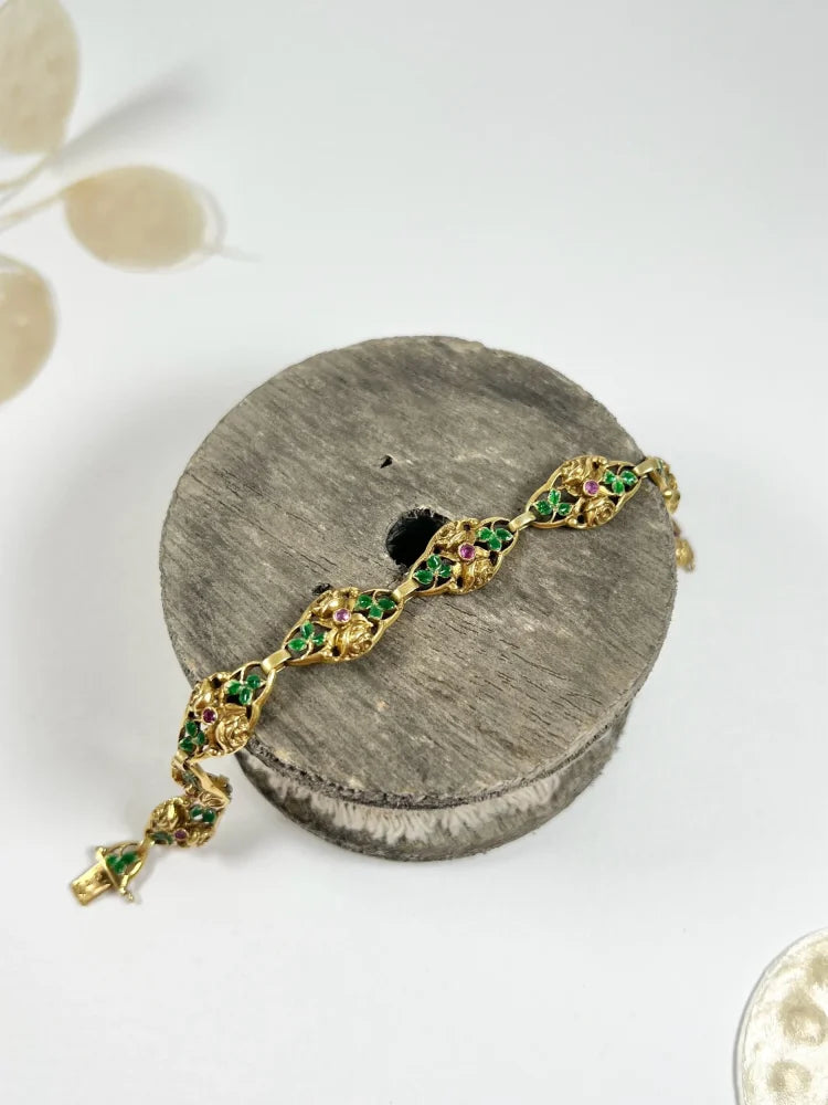 Antique 18 Carat Yellow Gold Bracelet With Rubies And Enamel