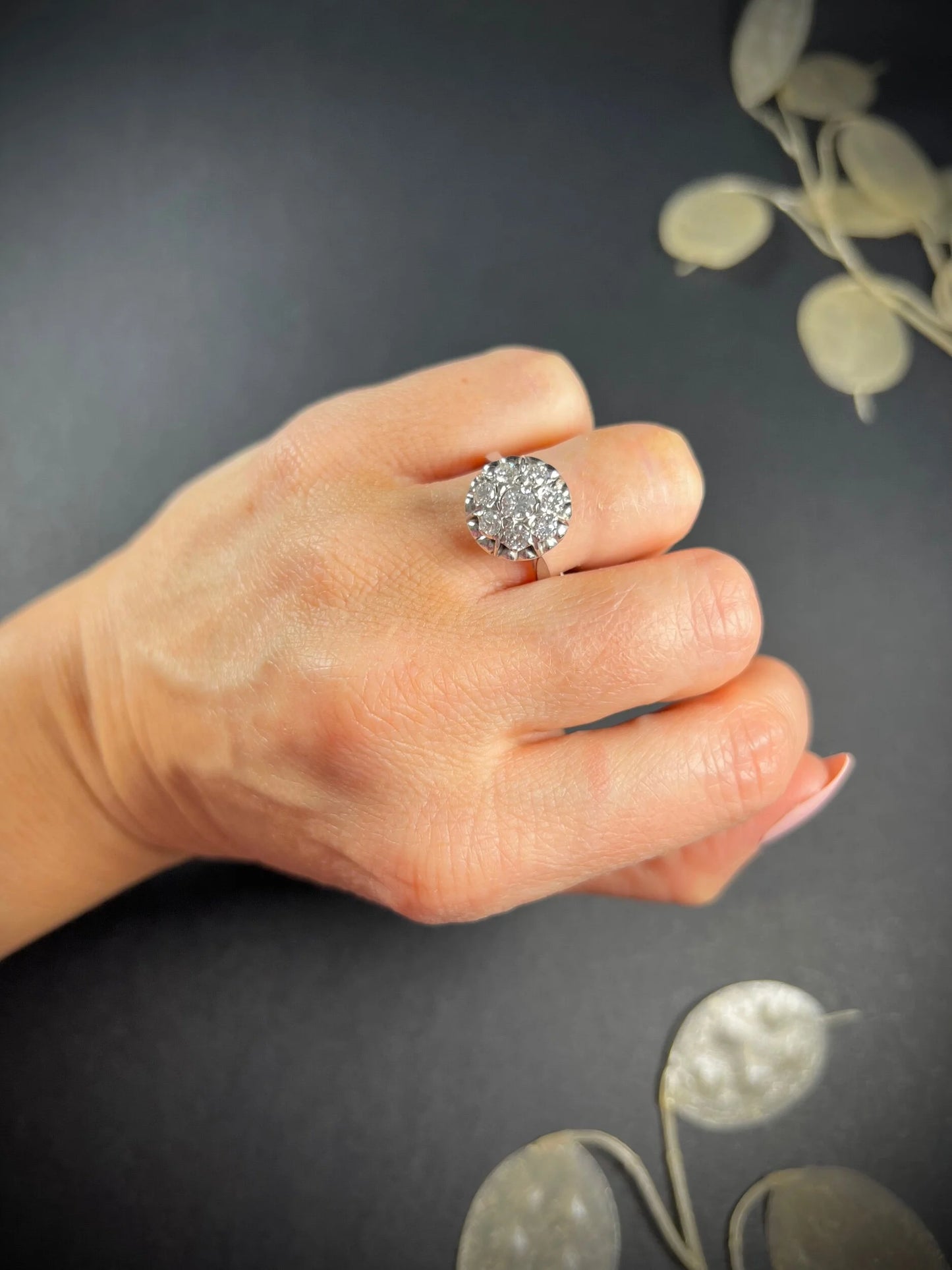Antique French 18 Carat White Gold Round Diamond Cluster Ring, Circa 1920