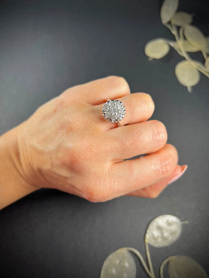 Antique French 18 Carat White Gold Round Diamond Cluster Ring, Circa 1920