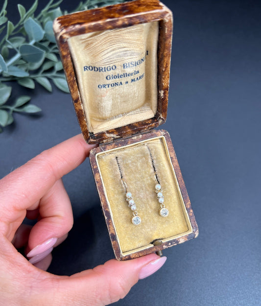 Antique 18ct Yellow Gold, 1920s Diamond & Pearl Drop Earrings, Occasion Jewellery, Bridal Jewellery