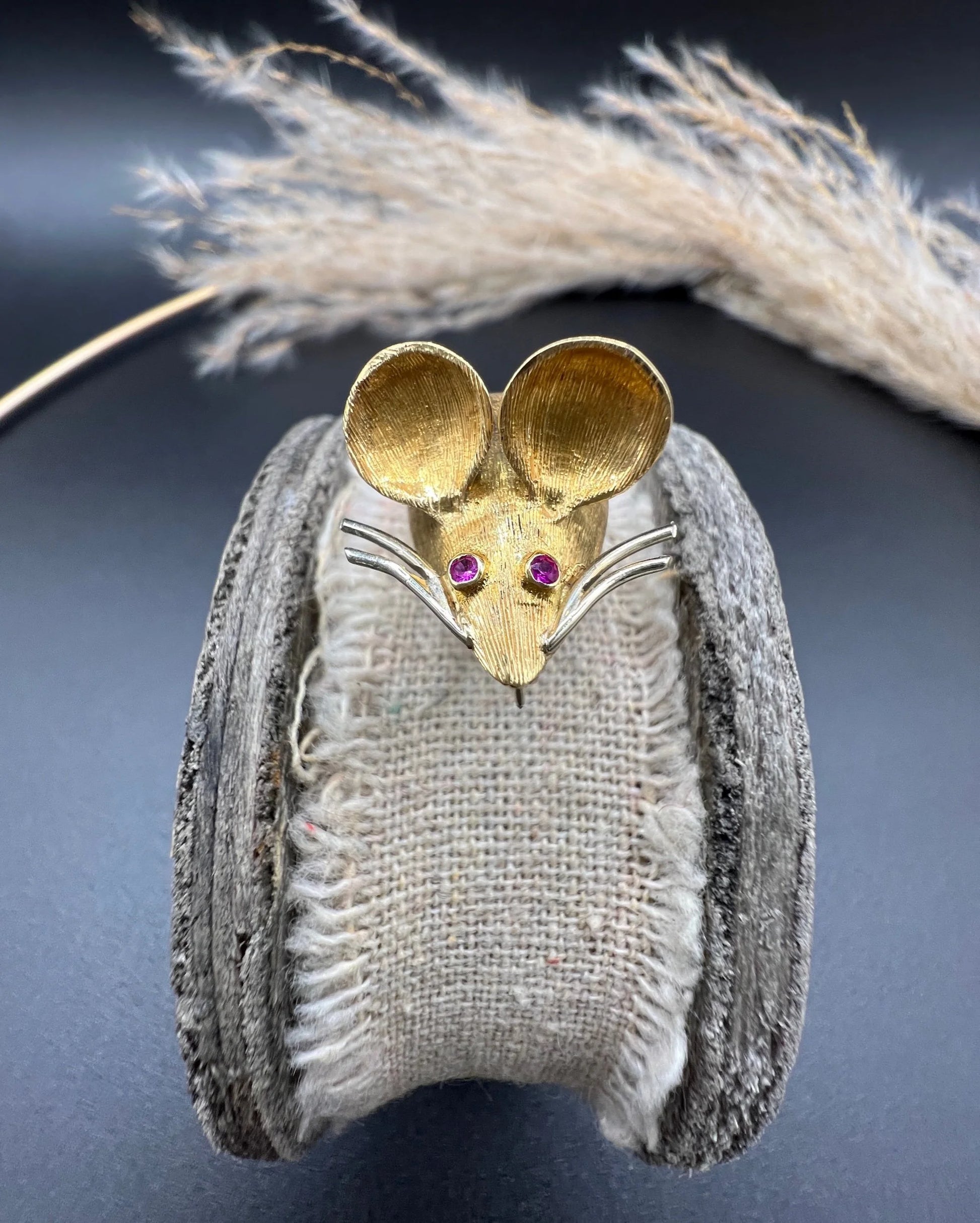 Vintage 18 ct Gold Italy 1960's Ruby Mouse Brooch, Animal Jewellery