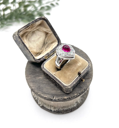 Vintage 14ct White Gold, Cabochon Ruby Heart-Shaped Diamond Cluster Ring