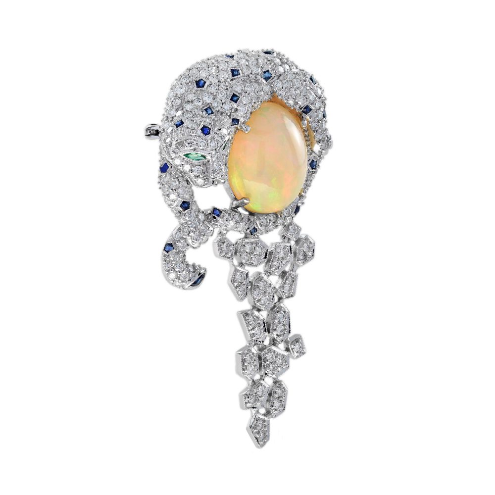 Opal and Diamond Leopard Brooch with Sapphire and Emerald