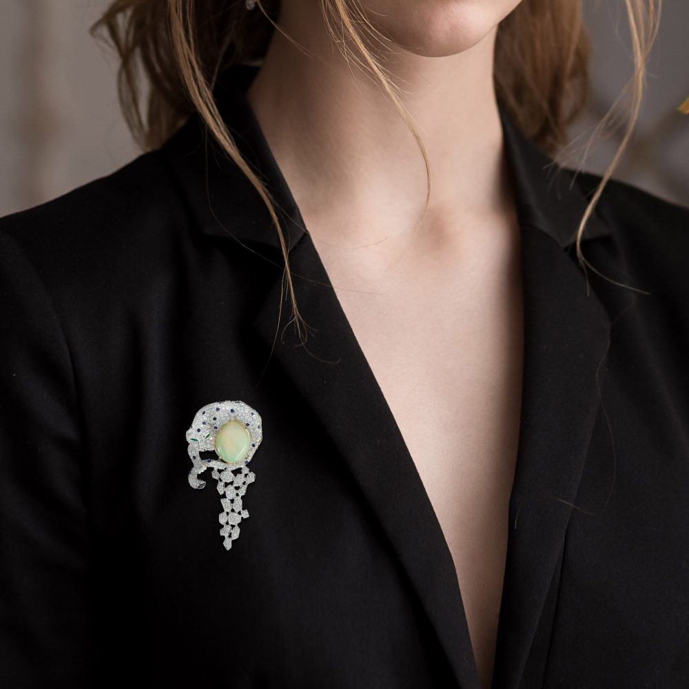 Opal and Diamond Leopard Brooch with Sapphire and Emerald