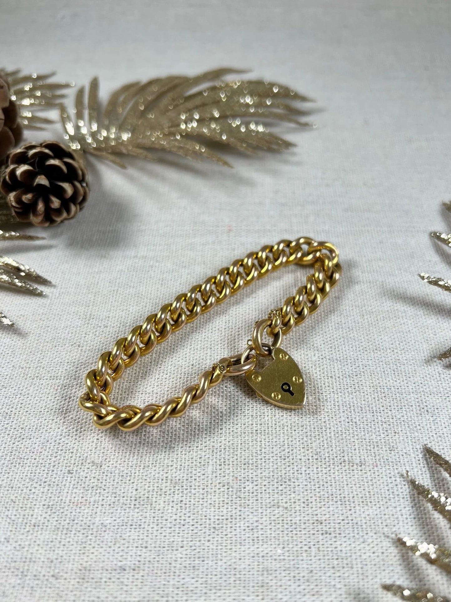 Victorian 15 Carat Yellow Gold Curb Link Bracelet with Heart Padlock Clasp, Circa 1880