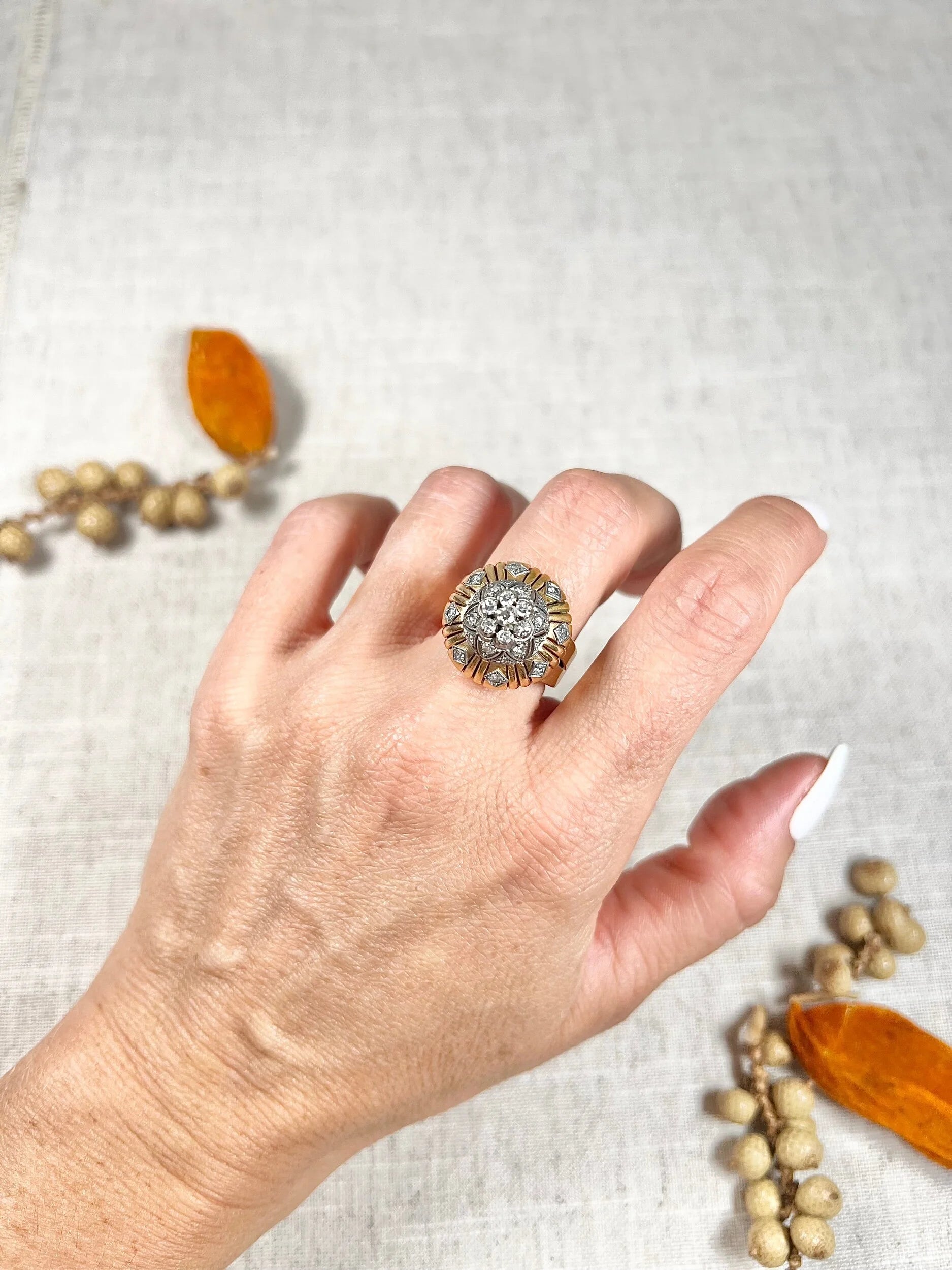 Vintage 1960's 18 Carat Gold, Tiered Dome Shaped, Diamond Cocktail Ring