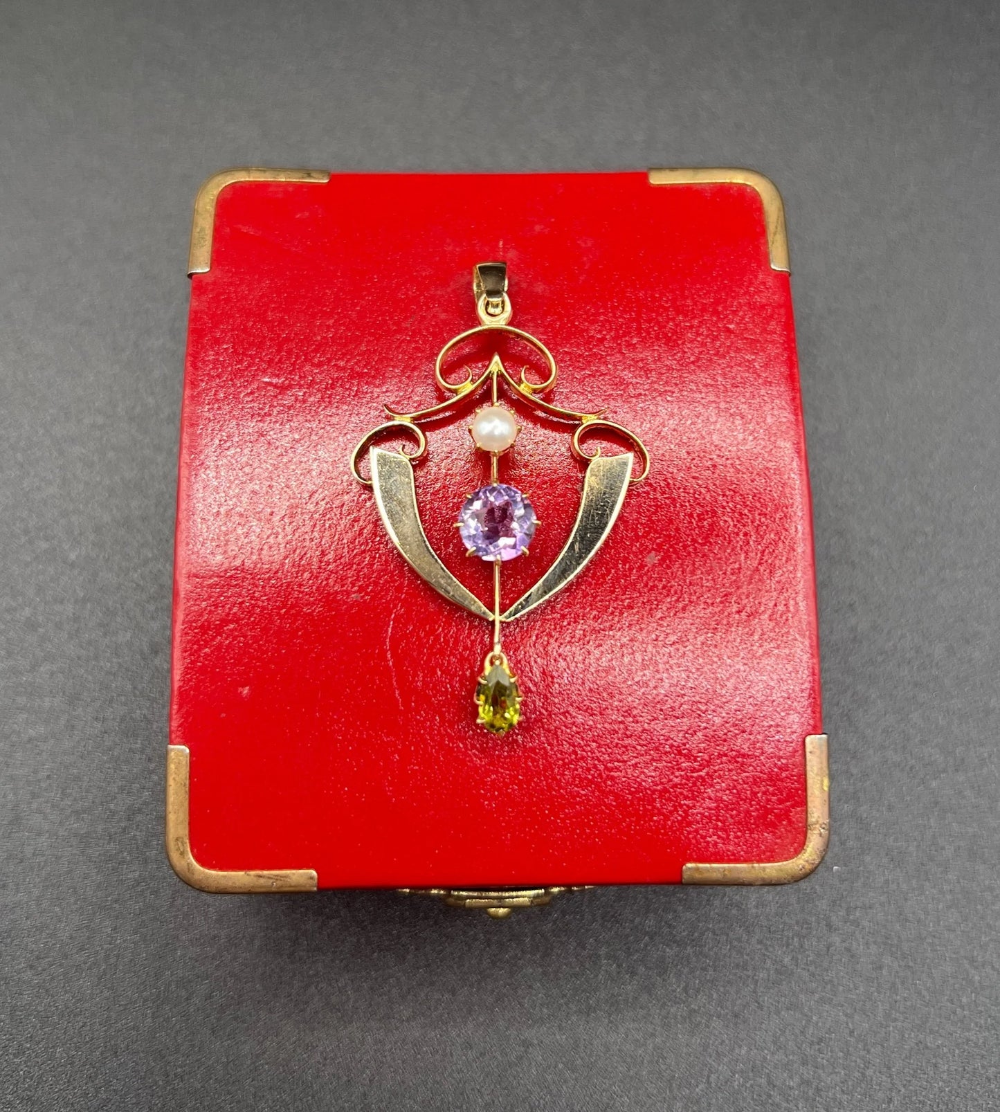 Antique 9ct Gold, Edwardian Amethyst, Pearl & Peridot Suffragette Pendant