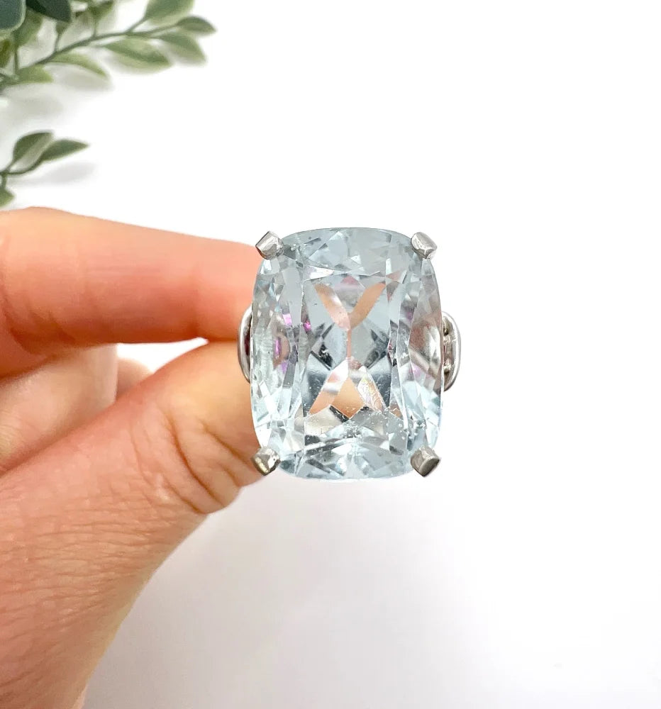 Vintage Cushion Cut Aquamarine Cocktail Ring with Ruby Shoulders in Platinum