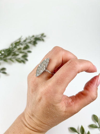 Antique Edwardian Diamond Navette Statement Ring in 18ct White Gold
