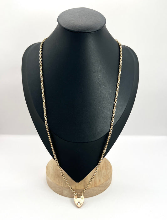 Antique 9ct Rose Gold, 22 3/4 Inch Oval Faceted Belcher Link Chain with Heart Padlock Clasp, Hallmarked Birmingham 1901
