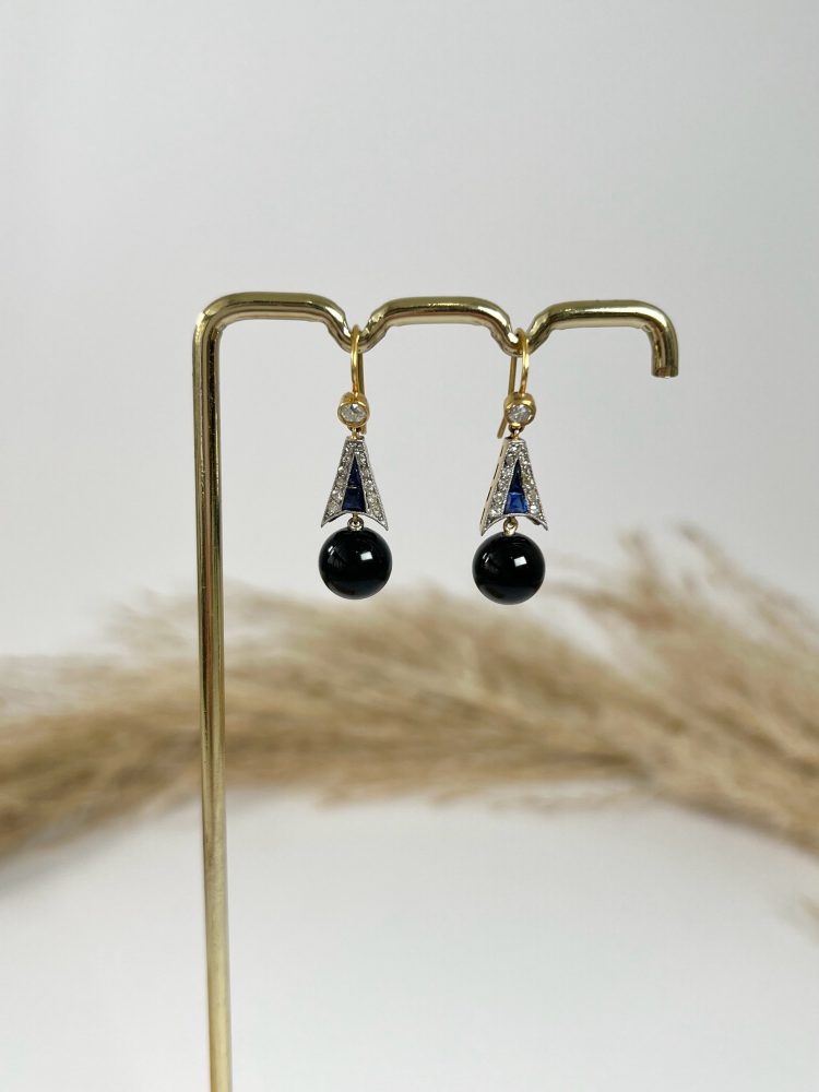 Antique 18ct Gold & Platinum, Edwardian Diamond, Sapphire, Onyx Drop Dangle Earrings