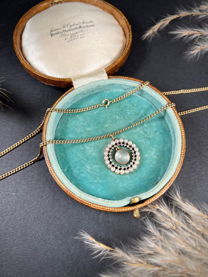 Antique 18 Carat Gold, Platinum, Moonstone, Diamond and Pearl Halo Pendant