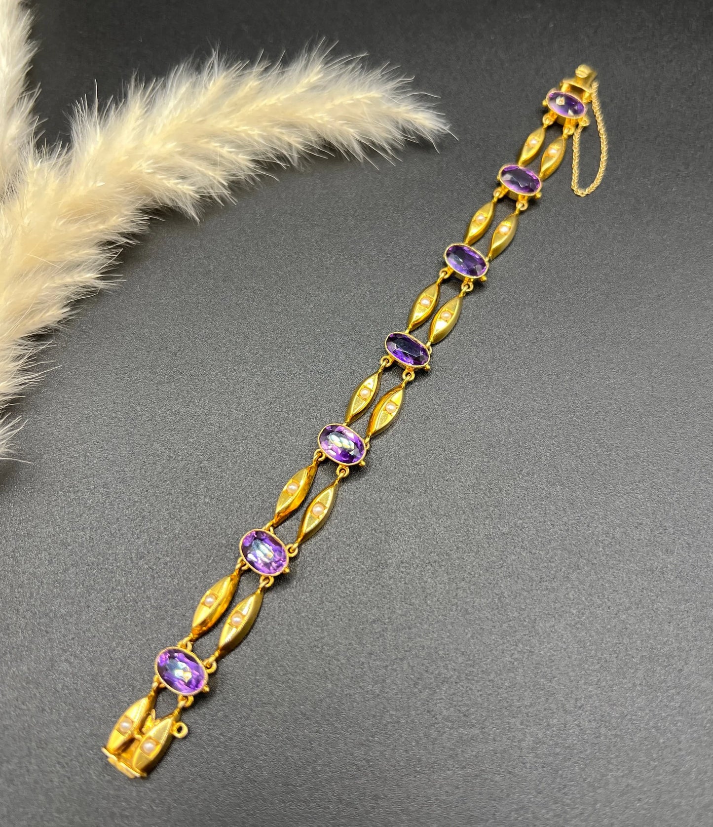 Antique Art Nouveau 15 Carat Yellow Gold Amethyst and Seed Pearl Two Row Bracelet