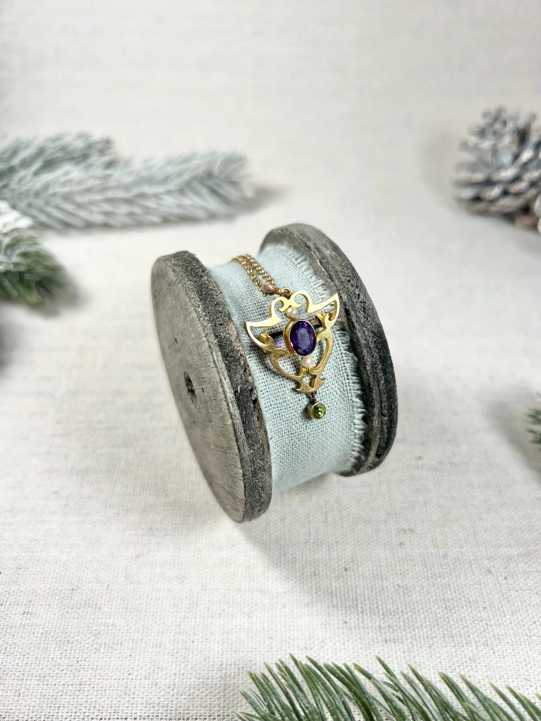 Antique 9ct Gold, Edwardian Amethyst, Pearl & Peridot Suffragette Pendant/Brooch