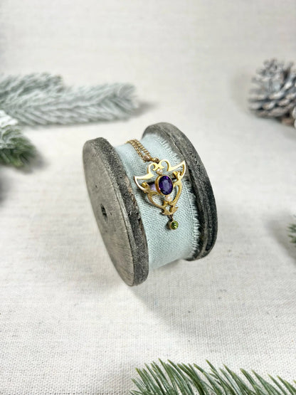 Antique 9ct Gold, Edwardian Amethyst, Pearl & Peridot Suffragette Pendant/Brooch