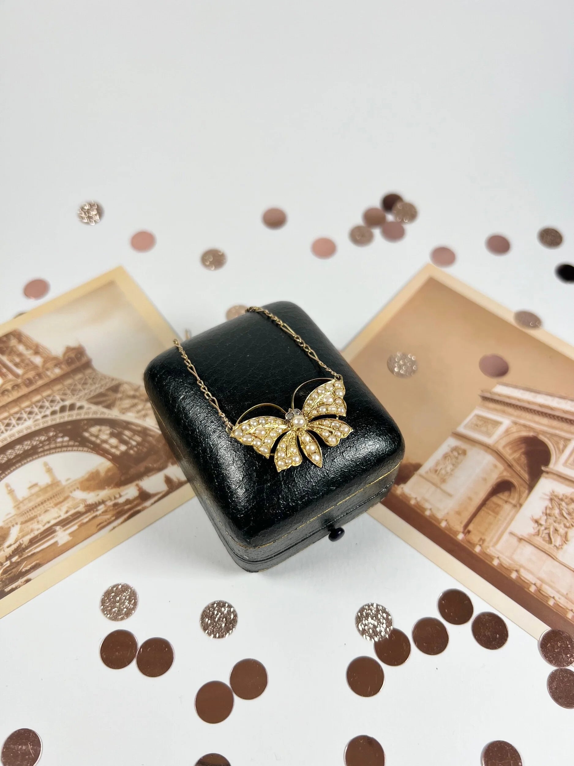 Antique 18 Carat Gold Victorian Butterfly Necklace Set With Pearls And Diamond Eyes